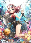  1girl air_bubble anklet bare_shoulders barefoot basketball blue_eyes bracelet breasts bubble copyright_name day diving_mask_on_head fish flower gambe hair_ornament jewelry large_breasts light_rays looking_at_viewer manatee net official_art pink_hair qurare_magic_library ribbon short_hair smile solo swimsuit underwater watermark waving wrist_ribbon 