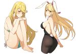  1girl animal_ears ass bangs bare_legs barefoot bikini blonde_hair blush breasts bunny_girl bunny_tail bunnysuit cropped_legs eyebrows_visible_through_hair fake_animal_ears from_behind green_bikini hairband highres mythra_(xenoblade) icarus_(632247131) knees_on_chest large_breasts leotard looking_at_viewer multiple_views own_hands_together rabbit_ears side-tie_bikini sideboob sidelocks simple_background sitting swept_bangs swimsuit tail white_background wrist_cuffs xenoblade_(series) xenoblade_2 yellow_eyes 