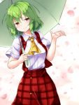  1girl aka_tawashi ascot blush breasts commentary_request cowboy_shot eyebrows_visible_through_hair green_hair hand_up head_tilt highres holding holding_umbrella kazami_yuuka looking_at_viewer medium_breasts petals plaid plaid_skirt plaid_vest red_eyes red_skirt red_vest shirt short_hair short_sleeves skirt smile solo standing touhou umbrella vest white_background white_shirt wing_collar yellow_neckwear 