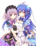  2girls black_dress blue_bow blue_hair bow cleavage_cutout copyright_request cuffs dress garter_straps looking_at_viewer multiple_girls purple_bow purple_hair red_eyes rento_(rukeai) short_hair short_sleeves smile thigh-highs violet_eyes white_dress white_legwear 