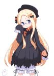  1girl abigail_williams_(fate/grand_order) bangs bespectacled black_bow black_dress black_hat blonde_hair bloomers blue-framed_eyewear blue_eyes blush bow bug butterfly closed_mouth commentary_request dress eyebrows_visible_through_hair fate/grand_order fate_(series) forehead glasses hair_bow hat highres holding holding_stuffed_animal insect kujou_karasuma long_hair long_sleeves looking_at_viewer orange_bow parted_bangs semi-rimless_eyewear simple_background sleeves_past_fingers sleeves_past_wrists smile solo stuffed_animal stuffed_toy teddy_bear under-rim_eyewear underwear very_long_hair white_background white_bloomers 