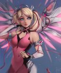  1girl absurdres bare_shoulders blonde_hair blue_eyes commentary earrings elbow_gloves english_commentary gloves hair_ribbon highres jewelry long_hair looking_at_viewer matilda_vin mechanical_halo mechanical_wings mercy_(overwatch) nail_polish overwatch parted_lips pink_lips pink_mercy pink_nails pink_ribbon ribbon signature solo twintails wings 