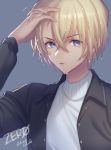  1boy amuro_tooru black_jacket blonde_hair blue_eyes commentary_request grey_background grey_sweater hair_between_eyes hand_up jacket looking_at_viewer male_focus meitantei_conan open_clothes open_jacket parted_lips sakura_shiho simple_background solo sweater upper_body water_drop wet wet_hair 