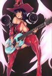  1girl bare_shoulders black_hair boots breasts cleavage collarbone commentary crotch erect_nipples fingerless_gloves gloves green_eyes guilty_gear guitar hat heterochromia highres i-no instrument large_breasts mole mole_above_mouth music nail_polish parted_lips platinum_disco playing_instrument plectrum red_hat revealing_clothes short_hair solo speaker thigh-highs thigh_boots under_boob witch_hat yellow_eyes 