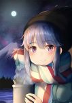  1girl bangs beanie black_hat blue_hair blush closed_mouth commentary_request eyebrows_visible_through_hair full_moon green_jacket hair_between_eyes hat holding jacket lake moon mount_fuji night night_sky outdoors scarf shima_rin sky smile solo steam sylphine violet_eyes water yurucamp 