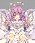  +_+ 1girl copyright_request dress green_eyes halo long_dress long_sleeves looking_at_viewer open_mouth outstretched_arms outstretched_hand pink_hair rento_(rukeai) smile solo star wings 