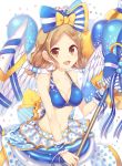  1girl balloon bikini blue_bikini blue_bow blue_ribbon bow brown_eyes character_request confetti innertube light_brown_hair looking_at_viewer navel open_mouth rento_(rukeai) ribbon shironeko_project smile striped swimsuit vertical_stripes wings yellow_bow 
