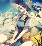  1girl bag blue_sky choker closed_mouth clouds day diana_cavendish glasses grey_eyes hadean92 hat highres kneeling little_witch_academia long_hair looking_at_viewer silver_hair sky wind 