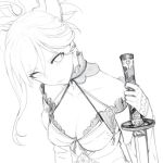  1girl bare_shoulders breasts bridal_gauntlets cleavage collar commentary_request fate/grand_order fate_(series) hair_between_eyes holding holding_sword holding_weapon japanese_clothes kimono long_hair looking_at_viewer magatama medium_breasts miyamoto_musashi_(fate/grand_order) monochrome ponytail sketch sleeveless sleeveless_kimono solo sword upper_body walzrj weapon 