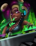  1girl absurdres aqua_eyes asymmetrical_hair bare_arms bare_shoulders bioluminescence breasts cleavage collared_vest dark_skin dj dutch_angle energy finger_to_mouth fingerless_gloves gloves glowing_skin green_hair green_skin hand_up headphones high_collar highres iida_(splatoon) lips long_hair looking_at_viewer makeup mascara medium_breasts mole mole_under_mouth multicolored multicolored_skin octarian parted_lips phonograph pink_pupils purple_hair reagan_long smile solo splatoon splatoon_2 suction_cups tentacle_hair turntable unzipped upper_body vest zipper zipper_pull_tab 