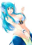  1girl :d absurdres animal_ears bare_shoulders bikini blue_eyes blue_hair blush breasts cleavage commentary_request earrings eyebrows_visible_through_hair fang fins hair_between_eyes hand_up head_fins highres jewelry large_breasts long_hair looking_at_viewer matsunoki_(unknown_751) mermaid monster_girl navel open_mouth original pelvic_curtain ponytail simple_background smile solo swimsuit white_background white_bikini wristband 