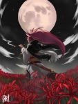  1girl baiken black_jacket field flower flower_field full_moon guilty_gear guilty_gear_xrd highres holding jacket jacket_on_shoulders japanese_clothes katana kimono kiseru long_hair long_sleeves moon night night_sky obi open_clothes open_jacket outdoors pink_hair pipe ponytail red_flower sash sheath sheathed sky smoke solo sou_(pale_1080) spider_lily standing star_(sky) sword torn_clothes torn_sleeves very_long_hair weapon white_kimono 