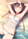  1girl akizuki_(kantai_collection) alternate_costume armpits arms_up bangs bare_shoulders beach bikini bikini_bottom black_hair blue_eyes blush breasts cleavage cleavage_cutout collarbone day eyebrows_visible_through_hair groin hair_ribbon hairband half-closed_eyes hand_behind_head hand_on_own_head kantai_collection knee_up long_hair looking_at_viewer lying medium_breasts midriff navel ocean on_back open_mouth outdoors pallad partially_submerged ponytail ribbon sand see-through sidelocks solo stomach swimsuit thighs waves white_bikini wristband 