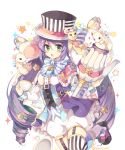  1girl :o animal_ears bow character_request drill_hair garter_straps green_eyes green_hair hat holding holding_staff holding_teacup horizontal_stripes long_hair looking_at_viewer mouse multicolored_hair pink_bow purple_hair red_bow rento_(rukeai) shironeko_project shorts solo staff star striped striped_legwear stuffed_animal stuffed_toy teapot teddy_bear thigh-highs top_hat vertical-striped_legwear vertical_stripes white_bow white_shorts 