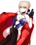 1girl artoria_pendragon_(all) artoria_pendragon_(swimsuit_rider_alter) black_gloves black_legwear blonde_hair casual_one-piece_swimsuit choker couch fate/grand_order fate_(series) feet_out_of_frame gloves hair_bun highres kurosawa_(hjkl42332) legs_crossed one-piece_swimsuit purple_swimsuit saber_alter sidelocks simple_background sitting solo swimsuit thigh-highs white_background yellow_eyes 