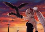  1girl arm_at_side bare_shoulders bird bird_on_arm black_gloves breasts elf elu_(nijisanji) fingerless_gloves flower gloves hair_flower hair_ornament hairband long_hair looking_at_animal medium_breasts nijisanji nuwon outdoors pointy_ears ponytail power_lines raven_(animal) red_eyes standing transparent_wings twilight virtual_youtuber white_hair wings 