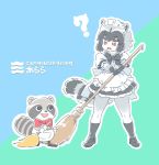  1girl ? alternate_costume animal_ears apron back_bow black_hair bow bowtie broom character_request commentary_request common_raccoon_(kemono_friends) copyright_request elbow_gloves enmaided eyebrows_visible_through_hair fangs frilled_skirt frills fur_collar gloves grey_hair kemono_friends maid maid_apron maid_dress maid_headdress mitsumoto_jouji multicolored_hair open_mouth pantyhose puffy_short_sleeves puffy_sleeves raccoon_ears raccoon_tail short_hair short_sleeves skirt socks tail translation_request 