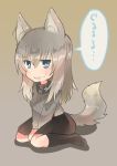  1girl absurdres animal_ears bangs black_legwear black_skirt blue_eyes commentary dog_ears dog_tail dress_shirt eyebrows_visible_through_hair full_body girls_und_panzer gradient gradient_background grey_shirt grimace growling highres itsumi_erika kemonomimi_mode kneehighs kuromorimine_school_uniform long_hair long_sleeves looking_at_viewer miluke miniskirt pleated_skirt school_uniform sharp_teeth shirt silver_hair sitting skirt solo sweatdrop tail teeth v_arms wariza 