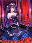  1girl arch arms_at_sides bare_shoulders black_dress black_hair breasts cleavage dress elbow_gloves eternal_wars flower gloves highres indoors looking_at-viewer looking_at_viewer medium_breasts official_art parted_lips smile solo sysen tiara two_side_up violet_eyes watermark 