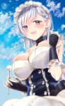  1girl apron azur_lane bangs bare_shoulders belfast_(azur_lane) blue_eyes blue_sky blush braid breasts buttons chains cleavage clouds collar corset eyebrows_visible_through_hair french_braid frilled_apron frilled_gloves frills gauntlets gloves large_breasts long_hair looking_at_viewer maid maid_apron maid_headdress mimikaki nekomiya_noru_(yuduki710) open_mouth sky smile solo white_apron white_gloves white_hair 