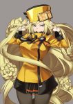  1girl black_legwear blonde_hair blue_eyes breasts gloves grey_background guilty_gear hat highres jacket kaorihero long_hair looking_at_viewer millia_rage simple_background skirt smile solo very_long_hair white_gloves 