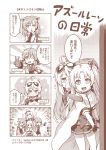  4girls 4koma ;d absurdres ahoge animal_ears arms_up azur_lane bangs bubble_blowing cape chestnut_mouth chewing_gum cleveland_(azur_lane) closed_mouth columbia_(azur_lane) comic commentary_request crossed_arms denver_(azur_lane) elbow_gloves eyebrows_visible_through_hair eyewear_on_head fingerless_gloves gloves hair_between_eyes hair_ornament hairclip head_tilt headphones headphones_around_neck highres holding jacket long_hair long_sleeves monochrome montpelier_(azur_lane) multiple_girls one_eye_closed one_side_up open_clothes open_door open_jacket open_mouth outstretched_arms pleated_skirt pointing shirt short_sleeves skirt smile smug sunglasses tamashii_yuu translation_request upper_teeth v-shaped_eyebrows very_long_hair w watermark web_address 
