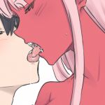  1boy 1girl black_hair blush closed_eyes commentary couple darling_in_the_franxx face-to-face fangs french_kiss fringe hetero hiro_(darling_in_the_franxx) k_016002 kiss lowres pink_hair red_skin saliva saliva_trail sweatdrop zero_two_(darling_in_the_franxx) 