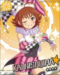  blush brown_eyes brown_hair character_name clown dress idolmaster idolmaster_cinderell_girls jester_hat nishijima_kai short_hair smile stars wink 