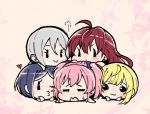 5girls :&gt; :3 =_= bangs blonde_hair blue_hair chibi closed_mouth commentary_request d: gamerag grey_hair hayami_kanade heart ichinose_shiki idolmaster idolmaster_cinderella_girls jougasaki_mika lipps_(idolmaster) miyamoto_frederica multiple_girls open_mouth pink_hair redhead shiomi_shuuko short_hair smile sweatdrop