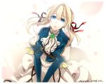  1girl blonde_hair blue_eyes dress eyebrows_visible_through_hair floating_hair gem hair_between_eyes hair_ribbon hands_together long_dress long_hair looking_at_viewer parted_lips red_ribbon ribbon signature simple_background solo violet_evergarden violet_evergarden_(character) white_background white_dress white_neckwear 