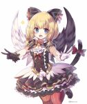  1girl black_gloves black_wings blonde_hair blue_eyes bow character_request fang gloves lolita_fashion looking_at_viewer low_twintails medium_hair mismatched_gloves mismatched_wings open_mouth red_bow red_legwear rento_(rukeai) shironeko_project short_sleeves smile star twintails twitter_username white_gloves white_wings wings 