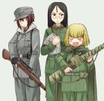  3girls :d ammunition_pouch bangs belt black_belt black_gloves black_hair blonde_hair blue_eyes blush_stickers brown_eyes brown_hair cape closed_eyes commentary cosplay emblem enemy_at_the_gates fang fingerless_gloves frown girls_und_panzer glasses gloves green_cape green_jacket green_pants grey_background grey_coat grey_hat grey_pants gun holding holding_gun holding_weapon iron_cross jacket katyusha long_hair long_sleeves looking_at_another military military_uniform multiple_girls newspaper nishizumi_maho nonna open_mouth pants pince-nez pouch rifle round_eyewear sam_browne_belt scope short_hair smile sniper_rifle standing swept_bangs uniform uona_telepin v-shaped_eyebrows weapon weapon_request 