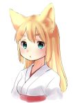  1girl :o animal_ears bangs blonde_hair eyebrows_visible_through_hair fox_ears green_eyes japanese_clothes kai_himo light_blush long_hair miko original parted_lips simple_background solo upper_body white_background 