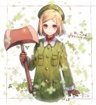  1girl anniversary axe beret blonde_hair blush brown_eyes brown_gloves closed_mouth eyebrows_visible_through_hair fate/grand_order fate_(series) gloves green_hat green_jacket hanakeda_(hanada_shiwo) hat holding holding_axe jacket long_sleeves looking_at_viewer parted_lips paul_bunyan_(fate/grand_order) short_hair smile solo 