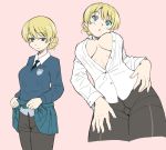  1girl bangs black_legwear black_neckwear blonde_hair blue_eyes blue_skirt blue_sweater braid breasts closed_mouth commentary cropped_legs crotch_seam darjeeling dress_shirt emblem eyebrows_visible_through_hair girls_und_panzer hand_on_own_leg lifted_by_self long_sleeves looking_at_viewer looking_down medium_breasts miniskirt multiple_views necktie no_pants open_clothes open_shirt pantyhose parted_lips pink_background pleated_skirt school_uniform shirt short_hair skirt skirt_lift smile st._gloriana&#039;s_school_uniform standing sweater tied_hair twin_braids uona_telepin v-neck white_shirt wing_collar 