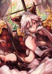  1girl absurdres animal_ears arm_support backless_outfit black_dress braid breasts brown_hair cat_ears cleavage commentary_request dress earrings elbow_gloves erune gloves granblue_fantasy hair_between_eyes hair_tubes heles highres jewelry large_breasts long_hair looking_at_viewer lying mi_bait on_stomach single_braid smile solo very_long_hair white_gloves white_hair yellow_eyes 