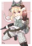  1girl :o absurdres animal_ears animal_hat bangs black_footwear black_gloves blonde_hair blush boots brown_background camouflage camouflage_hat camouflage_jacket camouflage_pants cat_ears cat_hat commentary_request coreytaiyo explosive eyebrows_visible_through_hair fang flandre_scarlet fringe gloves goggles goggles_on_headwear grenade gun hair_between_eyes handgun hat highres holding holding_gun holding_weapon long_hair long_sleeves looking_at_viewer open_mouth pants red_eyes scarf solo sword_art_online sword_art_online_alternative:_gun_gale_online touhou two-tone_background weapon white_background white_scarf 