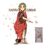  1girl armor bitchcraft123 blonde_hair brooch character_name eyebrows_visible_through_hair fine_art_parody genderswap history holding_rod holding_shield jewelry julius_caesar latin laurel_crown legs_apart looking_up original outstretched_arm parody photo photo-referenced pointing pointing_down real_life red_cloak reference_photo rock shield short_sleeves solo standing statue yellow_eyes 