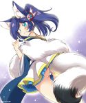  1girl animal_ears ass azur_lane bangs blue_eyes blue_hair blush closed_mouth eromame extra_ears eyebrows eyebrows_visible_through_hair fox_ears fox_tail from_behind hair_ornament high_ponytail inconvenient_tail jintsuu_(azur_lane) light_particles long_hair long_sleeves looking_away miniskirt off_shoulder panties pantyshot pantyshot_(standing) pleated_skirt skirt smile solo standing swept_bangs tail thigh_gap twitter_username underwear white_panties white_skirt wide_sleeves 
