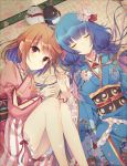  2girls bird blue_hair blue_kimono brown_hair closed_eyes copyright_request feet_out_of_frame flower hair_flower hair_ornament hand_holding japanese_clothes kimono long_hair looking_at_viewer lying multiple_girls on_back on_side petals pink_kimono rento_(rukeai) short_hair smile 
