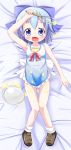  1girl :d apron arm_up ass_visible_through_thighs bangs bare_arms bare_shoulders bed_sheet blue_apron blue_bow blue_eyes blush bow breasts brown_footwear cirno collarbone commentary_request dakimakura eyebrows_visible_through_hair fang food food_on_face frilled_apron frills full_body hair_between_eyes hair_bow highres holding looking_at_viewer lying makuran naked_apron on_back open_mouth pink_bow shoes small_breasts smile socks solo touhou whisk white_bow white_legwear 