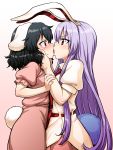  2girls absurdres animal_ears black_hair bunny_tail collared_shirt french_kiss hands_on_another&#039;s_face highres itou_yuuji kiss multiple_girls necktie puffy_short_sleeves puffy_sleeves purple_hair rabbit_ears red_eyes reisen_udongein_inaba shirt short_sleeves sidelocks tail touhou yuri 