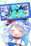  1girl ^_^ bang_dream! bangs blue_hair blue_ribbon blush bow cellphone center_frills closed_eyes commentary_request earrings eyebrows_visible_through_hair gameplay_mechanics hair_ribbon hat hat_bow health_bar heart holding holding_phone jellyfish jewelry long_hair matsubara_kanon one_side_up open_mouth phone playing_games polka_dot_neckwear red_bow red_neckwear ribbon smartphone smile smiley_face solo star translation_request tsurugi_hikaru upper_body 