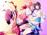  2boys abs ahoge artist_name ass bare_shoulders black_hair blue_bow blue_choker bow choker collarbone eye_contact green_eyes hand_holding highres looking_at_another mahou_shoujo_ore male_focus mikage_sakuyo multiple_boys muscle open_mouth panties pantyshot pantyshot_(standing) pink_bow pink_choker pink_skirt puffy_short_sleeves puffy_sleeves seklutz short_sleeves skirt standing twitter_username underwear uno_saki violet_eyes watermark yaoi 