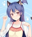  1girl animal_ears bangs blue_hair blush cat_ears cat_tail commentary_request cosplay eyebrows_visible_through_hair hair_between_eyes hoshizora_rin hoshizora_rin_(cosplay) kemonomimi_mode long_hair looking_at_viewer love_live! love_live!_school_idol_project one_side_up paw_pose simple_background solo sonoda_umi tail yellow_eyes 