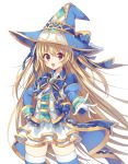  &gt;:) blonde_hair blue_bow blue_dress blue_hat blue_legwear bow copyright_request dress gold_trim hat looking_at_viewer open_mouth outstretched_arm red_eyes rento_(rukeai) smile thigh-highs witch_hat 