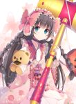  1girl blue_eyes bow braid bug butterfly copyright_request dress flower gloves headdress holding_mallet insect long_hair looking_at_viewer pink_dress red_bow rento_(rukeai) smile stuffed_animal stuffed_toy teddy_bear white_gloves 