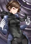  1girl bangs biker_clothes black_neckwear black_scarf bodysuit braid brown_hair corset crown_braid gloves hands_up highres lips long_sleeves looking_at_viewer nemu_(nebusokugimi) niijima_makoto no_mask parted_lips persona persona_5 red_eyes safe scarf short_hair shoulder_spikes side_glance smile solo spikes tsurime upper_body 