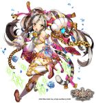  1girl age_of_ishtaria animal_ears architecture ass back bare_shoulders bi_an_(age_of_ishtaria) black_hair cat_ears cat_paws clouds company_name copyright_name east_asian_architecture facial_mark fangs flower full_body gambe high_heels long_hair midriff multicolored_hair official_art open_mouth paws petals rose simple_background sky tiara twintails two-tone_hair white_background white_hair yellow_eyes 