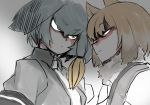  2girls animal_ears bangs bird_wings blonde_hair closed_mouth collared_shirt eye_contact eyebrows eyebrows_visible_through_hair eyelashes fox_ears fox_girl fur_collar green_eyes grey_hair grey_shirt grey_wings hair_between_eyes hair_tie head_wings highres kemono_friends looking_at_another low_ponytail multicolored_hair multiple_girls necktie shirt shoebill_(kemono_friends) short_hair short_sleeves side_ponytail sou_(pale_1080) staring staring_contest tibetan_sand_fox_(kemono_friends) two-tone_hair upper_body v-shaped_eyebrows white_neckwear wings yellow_eyes 